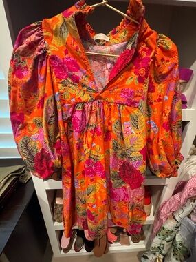Bright Orange Floral Mini Dress with Puff Sleeves